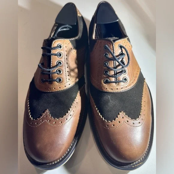 Johnston & Murphy Ellington wingtip sheepskin brown leather black suede oxfords - Picture 1 of 8